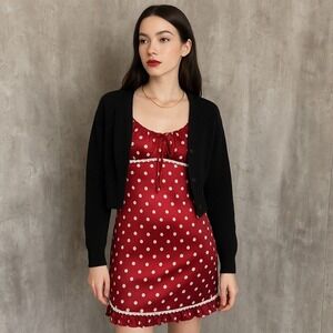 ABS‎ by Allen Schwartz Red Satin Polka Dot Slip Dress Size 8 Lace Trim Retro Y2K